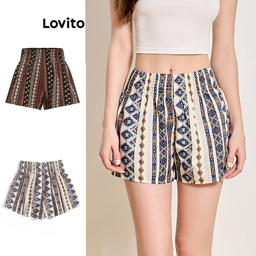 Lovito โบโฮ กางเกงขาสั้น เผ่าพิมพ์กางเกงขาสั้นสม็อคสําหรับผู้หญิง L87ED384 (หลากสี)