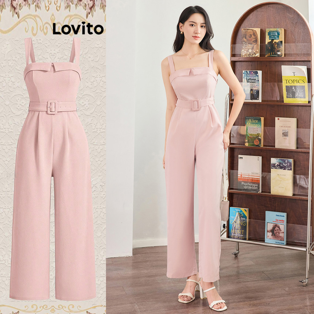 Lovito สีพื้น สไตล์หรูหรา มีเข็มขัด แต่งจีบ จั๊มสูทผู้หญิง L91ED372