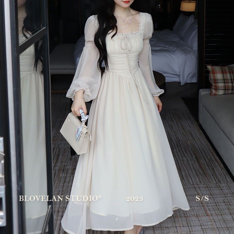 2025 Su Yin Molai กระโปรงยาวฝรั่งเศส Classy สแควร์คอชีฟองแขนยาว Fairy สไตล์ Palace ชุด Early