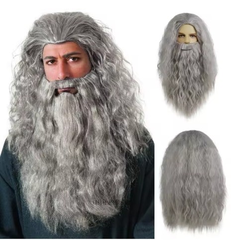 Dumbledoreคอสเพลย์วิกผมชายชราฮาโลวีนโรงเรียนgandalf Wizardเครื่องแต่งกายวิกผมMan Albusคลื่นยาวสีเทาเคราWigsสําหรับชาย