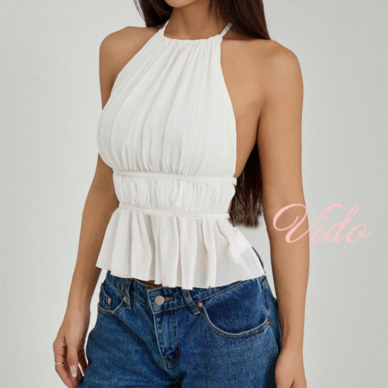 เสื้อกั๊กเซ็กซี่สีทึบรอบคอแขวนคอเสื้อกั๊กผู้หญิงBackless Lace-Up Top VD