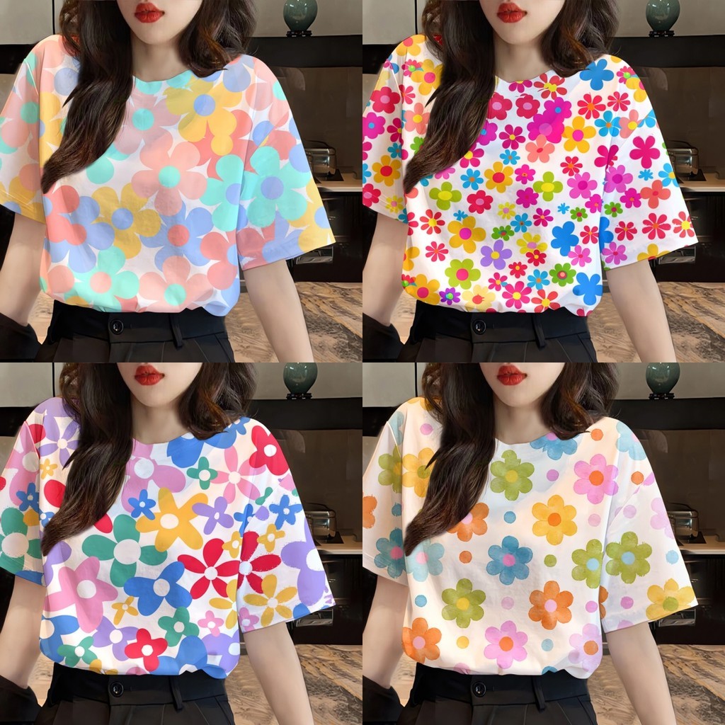 เสื้อยืดแขนสั้นเสื้อท็อปสตรี Daisy Rainbow สีสันสดใส
