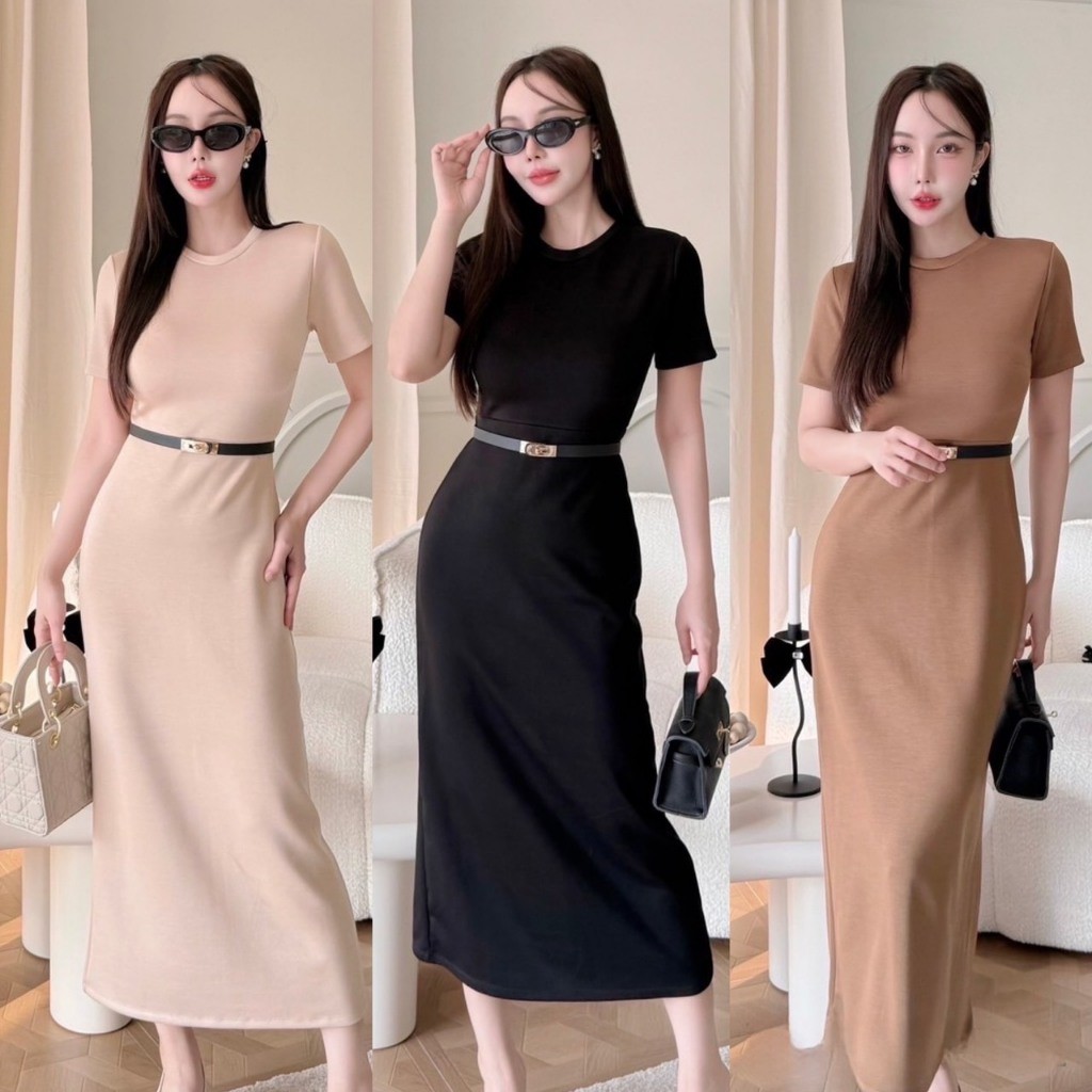 A47 -เดรสคอกลม+เข็มขัด ชุดเดรส เรียบหรูดูแพง