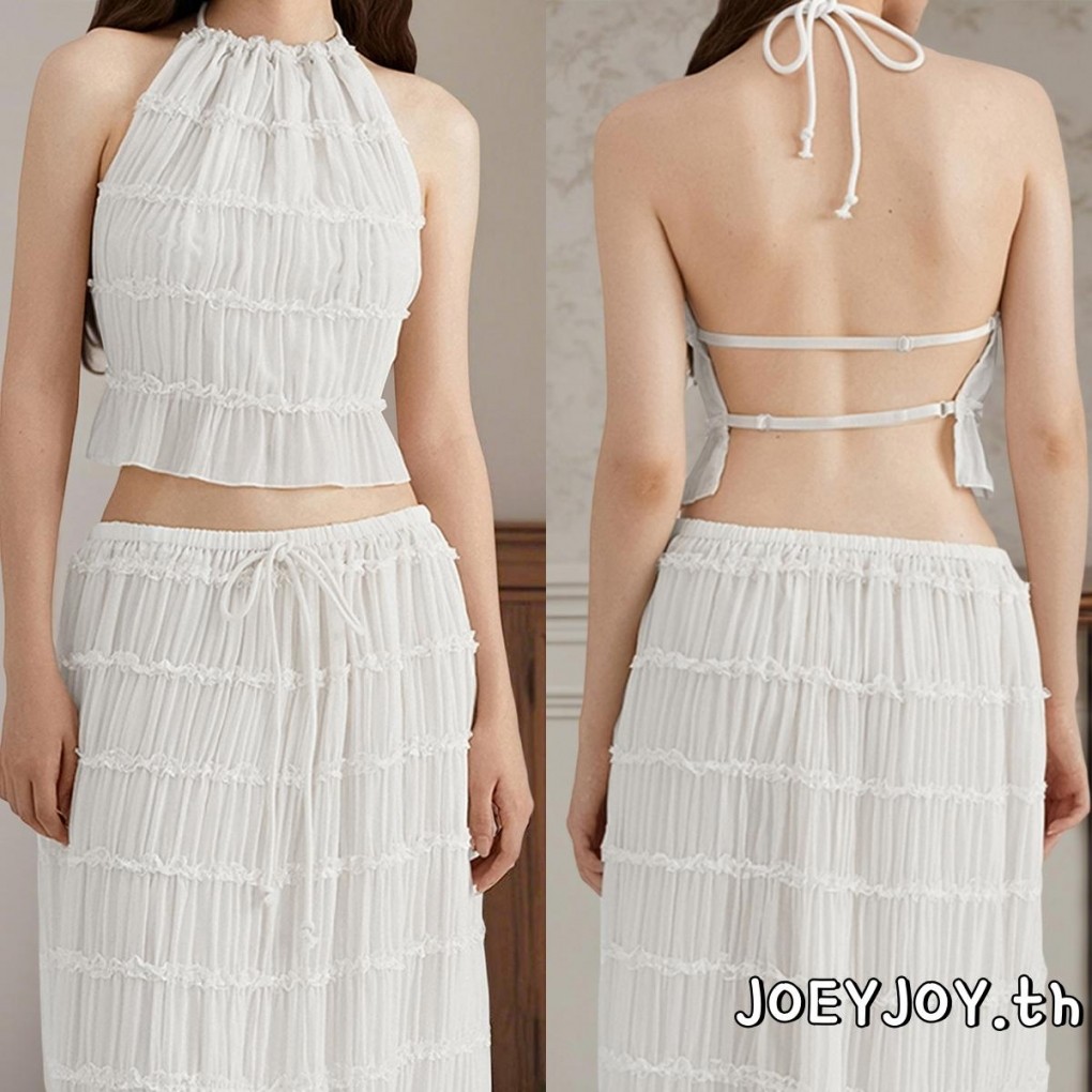 Joeyjoy-ผู้หญิงเสื้อกล้ามเชือกแขวนคอผูกเชือกแขนกุดเปลือยจีบเสื้อกั๊กฤดูร้อนแข็ง