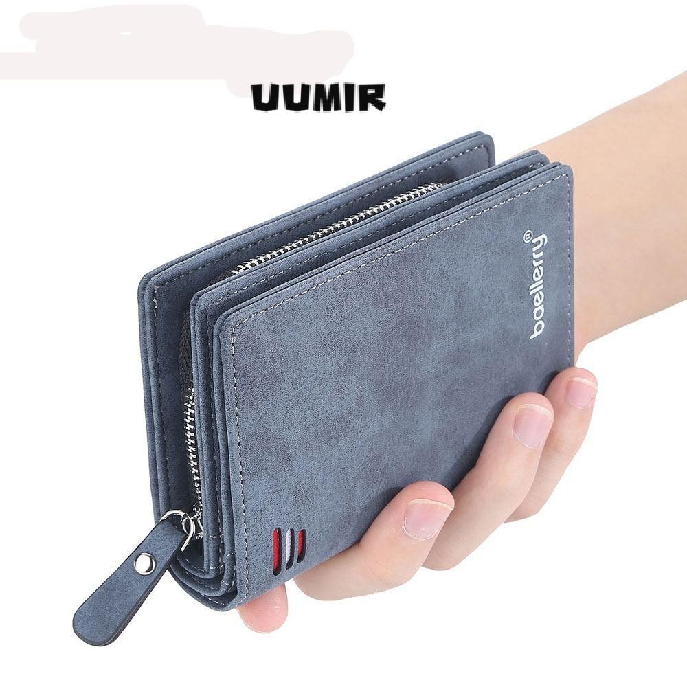 Uumir กระเป๋าสตางค์ผู้ชายแบบสั้น,กระเป๋าใส่บัตรหนังฝ้าสีทึบ,ซิปกระเป๋าใส่เหรียญห