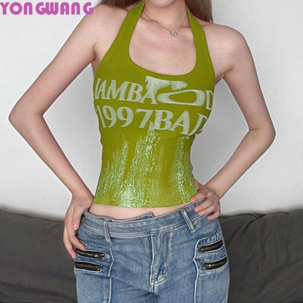 YONGWANG66HR Y2K Retro ตัวอักษร Camisole, Crop Top Tank Top แขวนคอสายคล้องคอ, Vintage แขนกุด Slim Ul