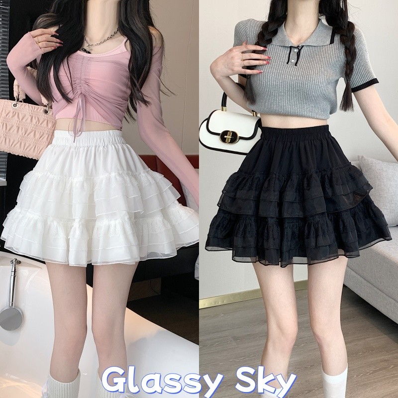 Glassy Sky💖พร้อมส่ง💖 กระโรงทรงเจ้ากญิง กระโปรง เอวสม๊อค ปลายบาน ดีดทลลวยลายเล็กๆ สีพื้น(18CX80)