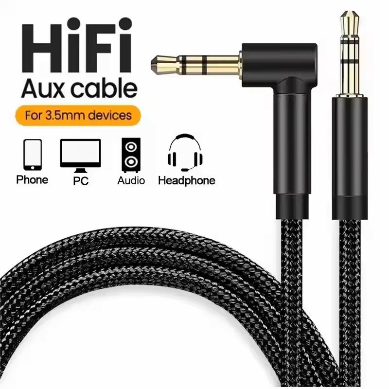 สาย AUX เคลือบทอง 3.5 มม. 24AWG OFC สายไฟ 90° มุมขวาสําหรับเครื่องเสียงรถยนต์/สายอะแดปเตอร์หูฟัง Samsung/Xiaomi