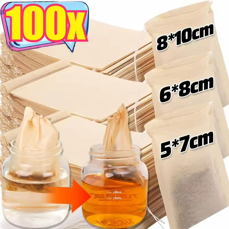 ถุงกรองชากระดาษไม้ธรรมชาติแบบใช้แล้วทิ้ง 100 ชิ้น - ถุงชาเปล่าแบบมีเชือกรูดสําหรับชาใบหลวม กาแฟ สมุนไพรแช่