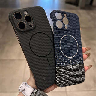 เคสโทรศัพท์แม่เหล็กคาร์บอนไฟเบอร์บางเฉียบสําหรับ iPhone 16 15 14 Plus 13 12 11 Pro Max Frameless Kevlar Texture PC Hard Cover