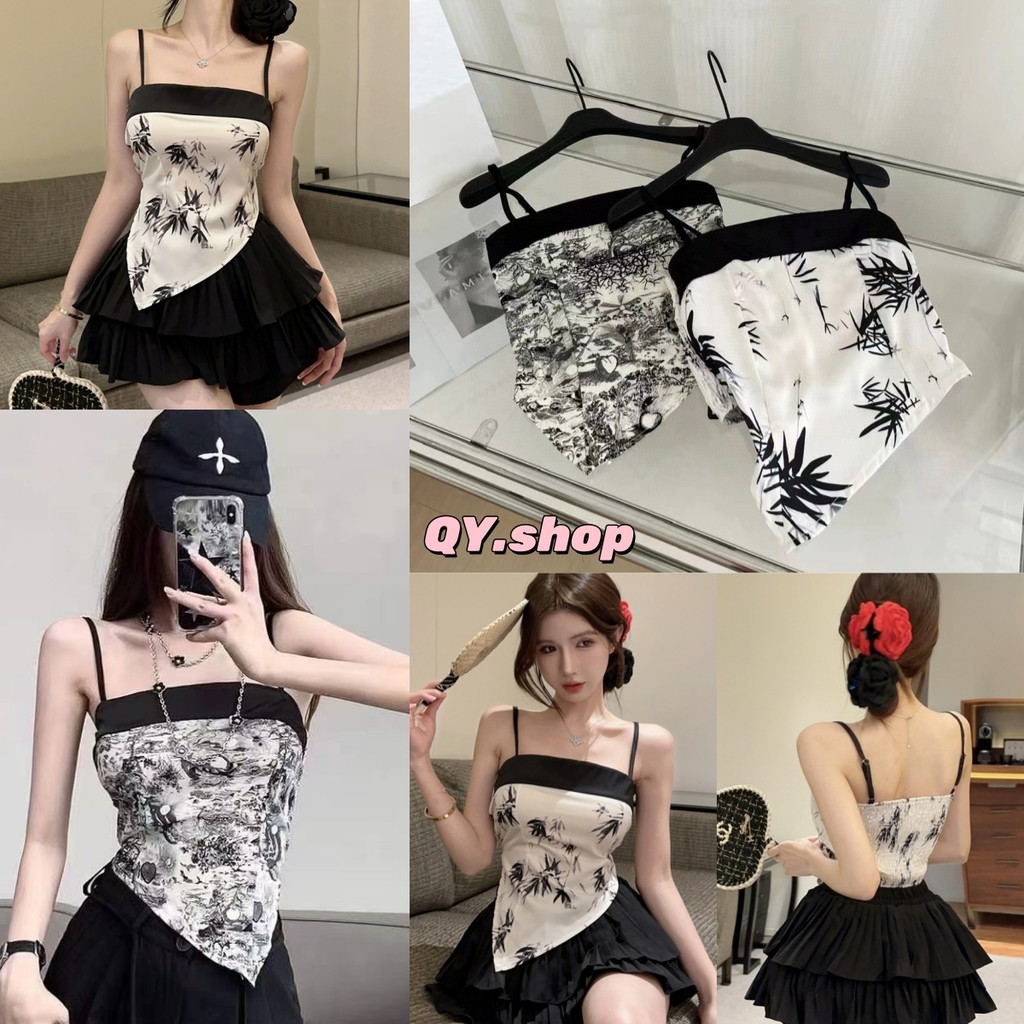 QY.Shop⭐️สินค้าราคาพิเศษ⭐️​พร้อมส่ง เสื้อสายเดี่ยว มีฟองน้ำในตัว ดีเทลลายใบไม้ "FY2280" -H