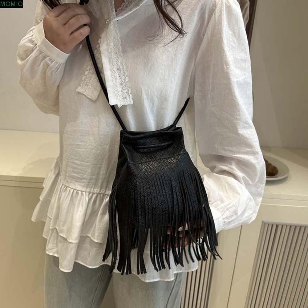 Mxmio Tassels Bucket Bag, Elegant Retro Drawstring PU Bag, Crossbody Bag Large Capacity Anti-splash Water Magnetic Button Texture กระเป๋าสะพายไหล่ผู้หญิง