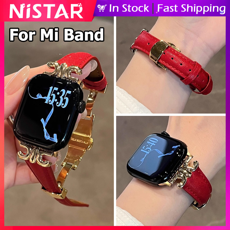 Nistar Creative หรูหราโลหะพับหัวเข็มขัดสายหนังแท้สําหรับ Xiaomi Band 9Pro 8Pro/Redmi 5 4/5 3 Active 