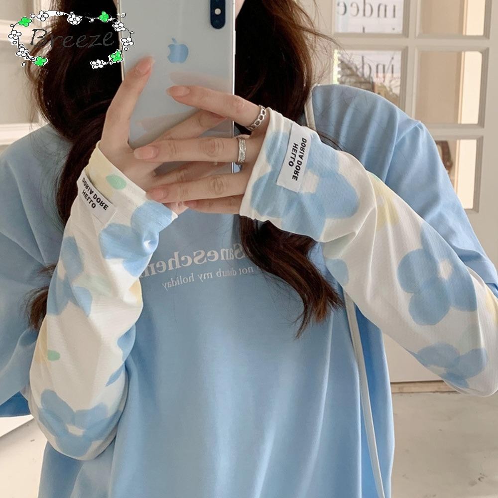 ถุงมือยาว BREEZE, แขนพิมพ์ลายผ้าไหมน้ําแข็งบางเฉียบ, ปลอกแขนกันแดดระบายอากาศยืดหยุ่นป้องกันรังสีอัลตราไวโอเลต