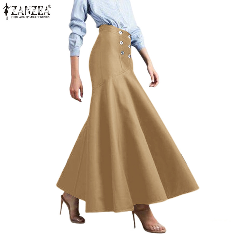 ZANZEA ใส่ ซานเซีย ผู้หญิงสบายๆหลวมสีทึบปุ่มพรรคกระโปรงยาว