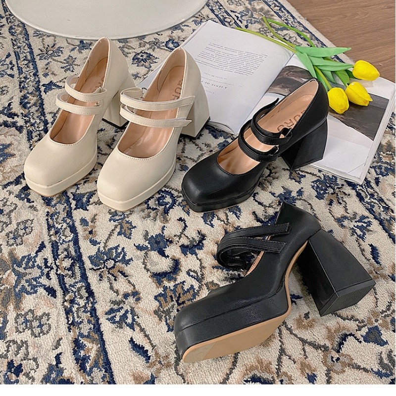 JA5 10 ซม. ส้นสูงสไตล์เกาหลี เข็มขัดคำทุกการแข่งขัน ส้นหนาสแควร์Toe French Retro Mary Jane รองเท้าผู