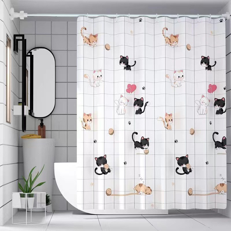 New Cartoon Cat Printing PEVA Bathroom Shower Curtain Bathroom Waterproof Partition Curtain Hot Sale Punch-Free oINz