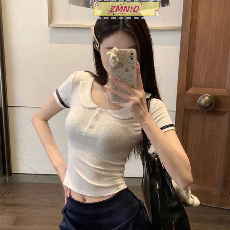 Newwellknowngreat เกาหลีสไตล์วิทยาลัย Contrast สีแขนสั้น Slim เสื้อยืดสําหรับผู้หญิง RRT