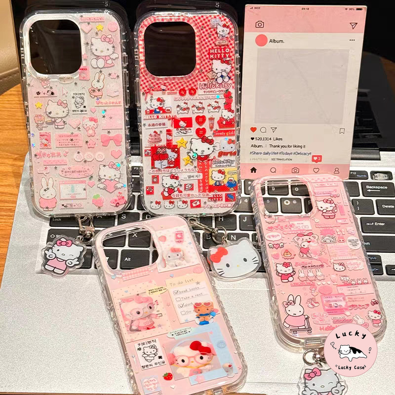 เคสไอโฟน 11 การ์ตูนโบว์โบว์สีชมพูคิตตี้กระต่ายแมว สำหรับ IPhone 13 17 14 15 11 16 12 Pro Max 15 16 12 11 Pro 16 15 Plus