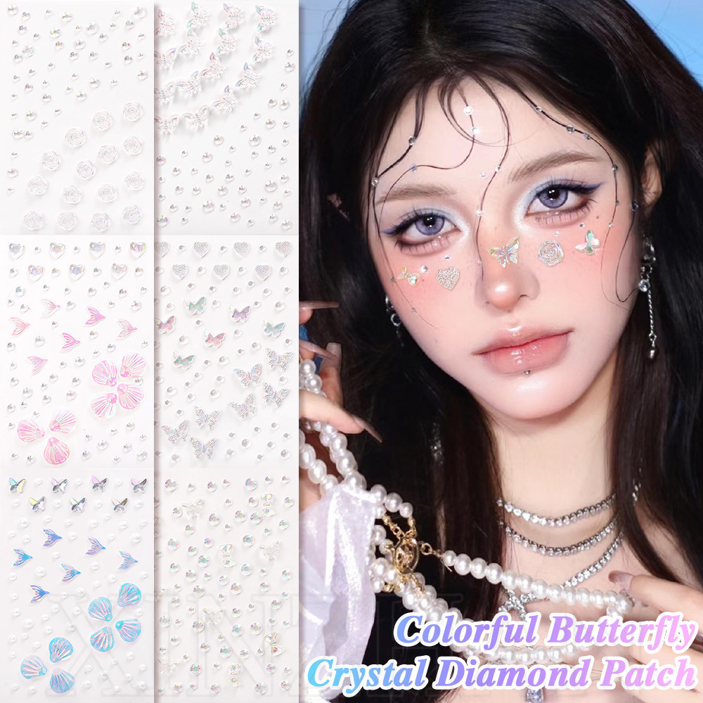 สีภาพลวงตาผีเสื้อคริสตัลเพชรสติกเกอร์-1แผ่น 3D Pearl Shell Face Decal - Stage Party DIY แต่งหน้ากระจก - กันน้ํา, Self-Adhesive Body Art Tattoo สติกเกอร์