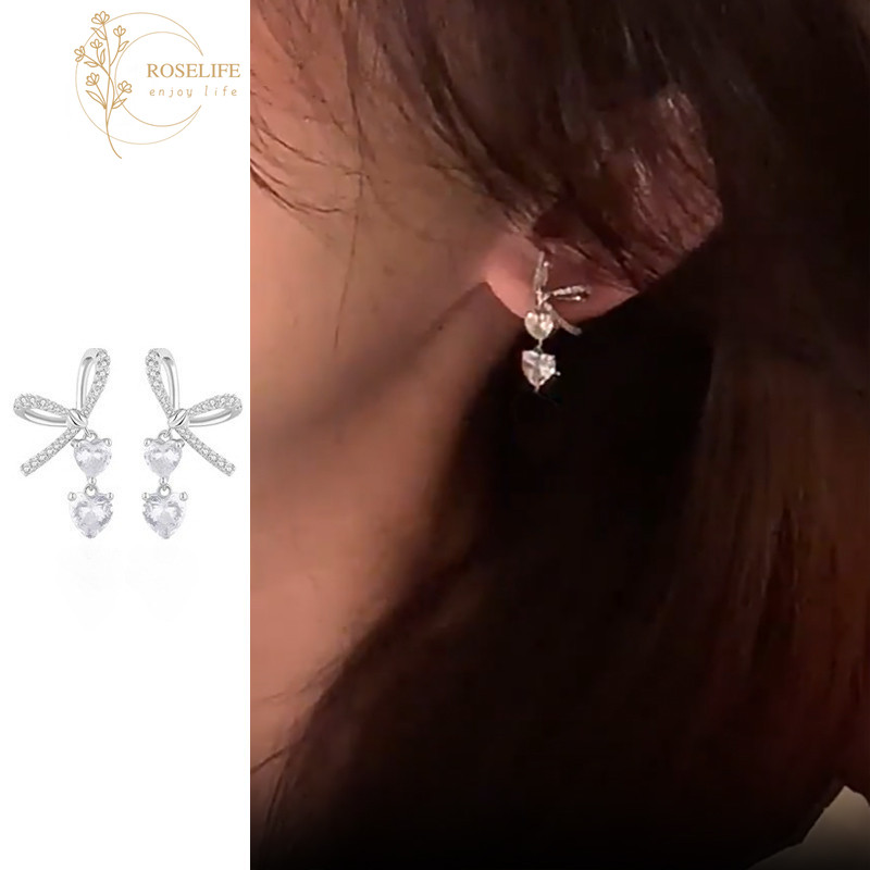 Roselife เกาหลี S925 เงินคริสตัลหัวใจ Bow Drop ต่างหูสําหรับผู้หญิงสาวหมั้น Bowknot หูเครื่องประดับอุปกรณ์เสริม