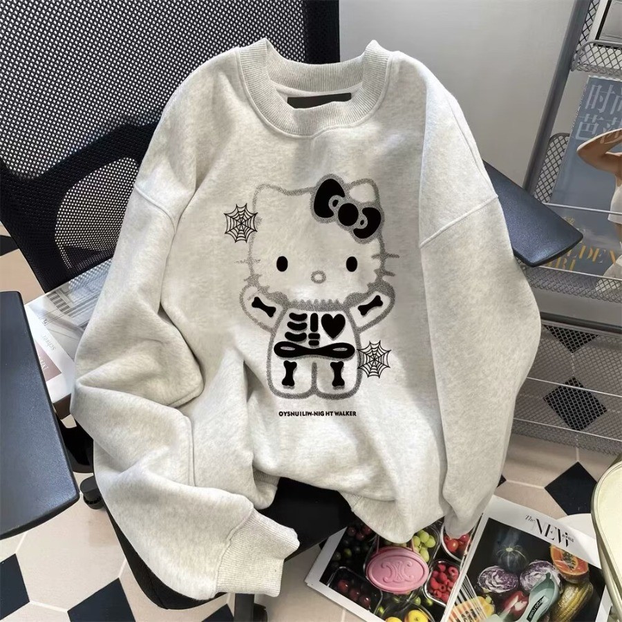 M-8XLNew การ์ตูน Hello Kity พิมพ์รอบคอเสื้อแขนยาวสําหรับผู้หญิงอเนกประสงค์ลําลองหลวมเสื้อสวมหัวขนาดใหญ่สําหรับผู้หญิง