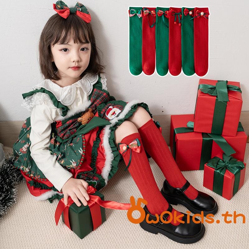 Grao-kids Girls Christmas Socks Bowknot Kids Dressy ถุงเท้ากลางลูกวัวเด็กฤดูใบไม้ผลิฤดูใบไม้ร่วง Princess Socks