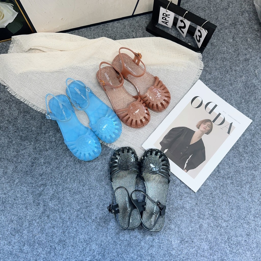 Newmelissa * รองเท้าแตะส้นแบนสุภาพสตรี Hollow Roman Flat Jelly Shoes