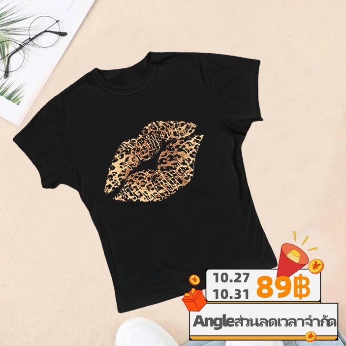 (จัดส่งตลอด 24 ชั่วโมง）Angle Official พร้อมส่งด่วนจากไทย เสื้อยืด ครอป แขนสั้น สีดำ ลายกราฟฟิค ลายปาก ลายเสือดาว