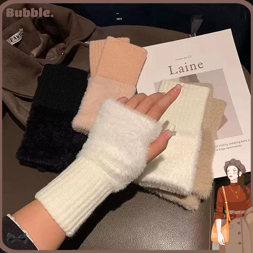 Bubble ถุงมือครึ่งนิ้ว, Plush ถักถุงมือขนแกะ Mink นุ่ม, แฟชั่น Fingerless Mittens ฤดูใบไม้ร่วงฤดูหนาว