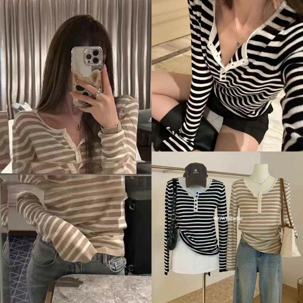 เสื้อแขนยาวลายขวาง คอกลม แต่งกระดุมช่วงอก ทรงเกาหลี ทรงน่ารัก แฟชั่นเกาหลี TAG WG.WE