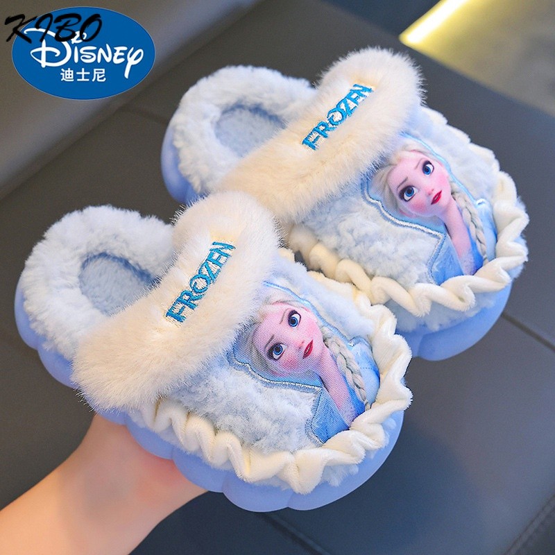 W ฤดูหนาวเด็กรองเท้าแตะผ้าฝ้ายสาว Elsa Princess Warm Plush รองเท้าแตะหนา Soled บ้านสาวรองเท้าแตะผ้าฝ้าย