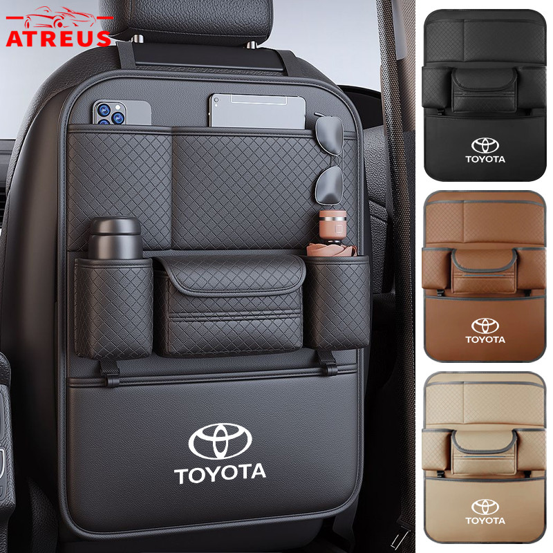 Toyota หนังรถที่นั่งกลับ กระเป๋าเก็บของ อเนกประสงค์ ป้องกันการเตะ กระเป๋าหลังเบาะรถ สำหรับ Toyota Prius Fortuner Corolla Cross CHR Camry Wish Vios Veloz Estima Sienta Yaris Ativ Altis Hilux Revo bZ4X Hiace
