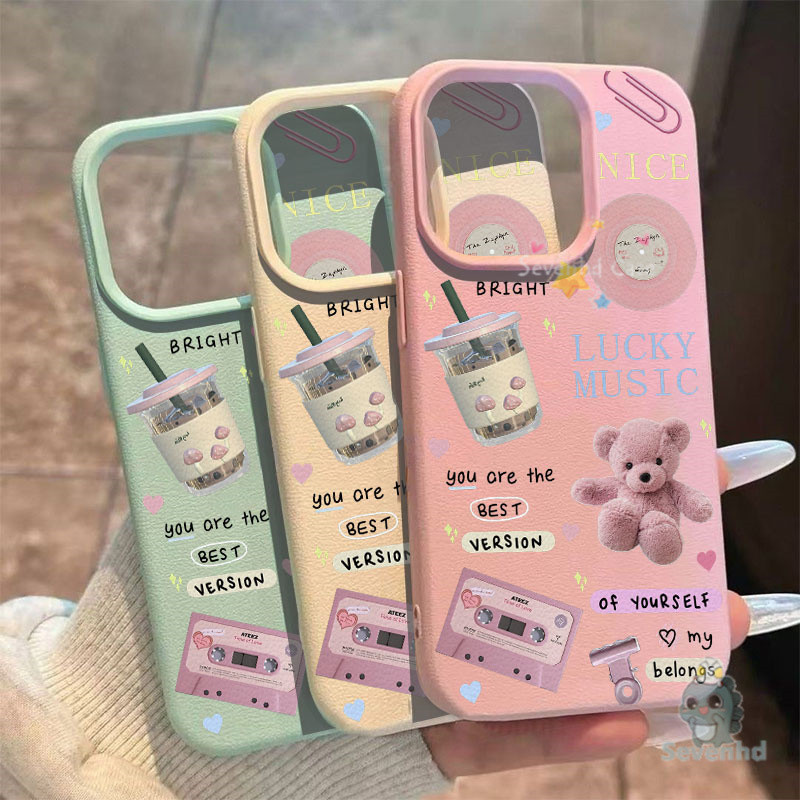 สําหรับiphone 11 XR 16 15 14 13 12 Pro Max X XS 8 7 6 6s PlusหนังMatte LitchiรูปแบบปลอกHigh-end Ultra ThinกรณีINSการ์ตูนกาแฟหมีRetroสไตล์Soft Touchเคสโทรศัพท์