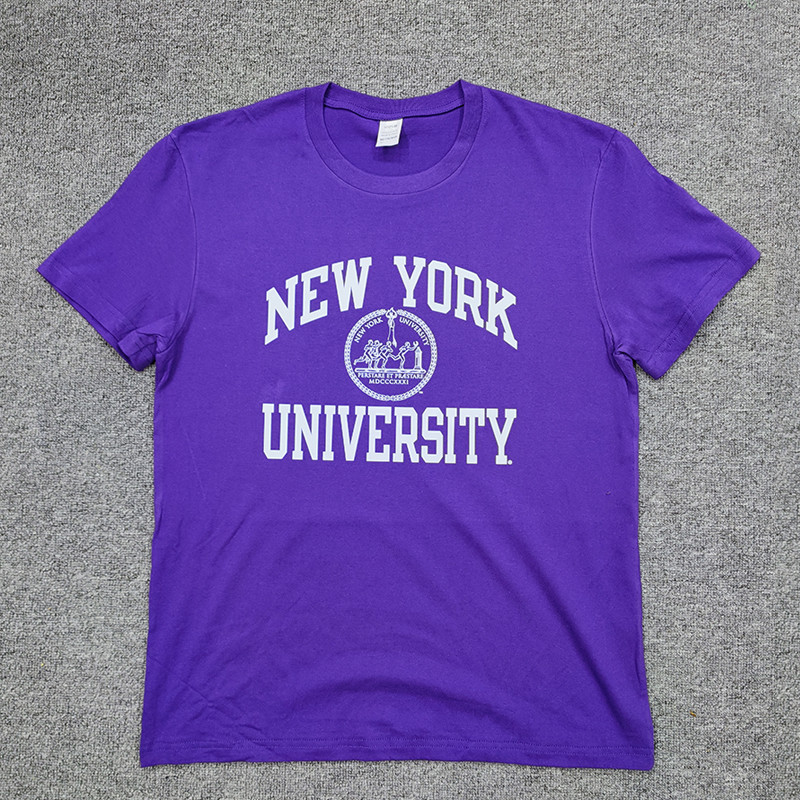 ฤดูร้อนนิวยอร์กมหาวิทยาลัยชุดนักเรียนผ้าฝ้ายแท้หลวมหนา NYU Preppy สไตล์อเมริกันย้อนยุควินเทจแขนสั้นเสื้อยืด