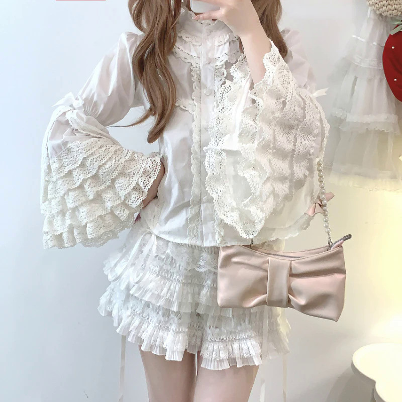 MnJapanese Gothic Lolita Style Shirts Women Victorian Vintage Lace Bow Long Sleeves Blouse Female El