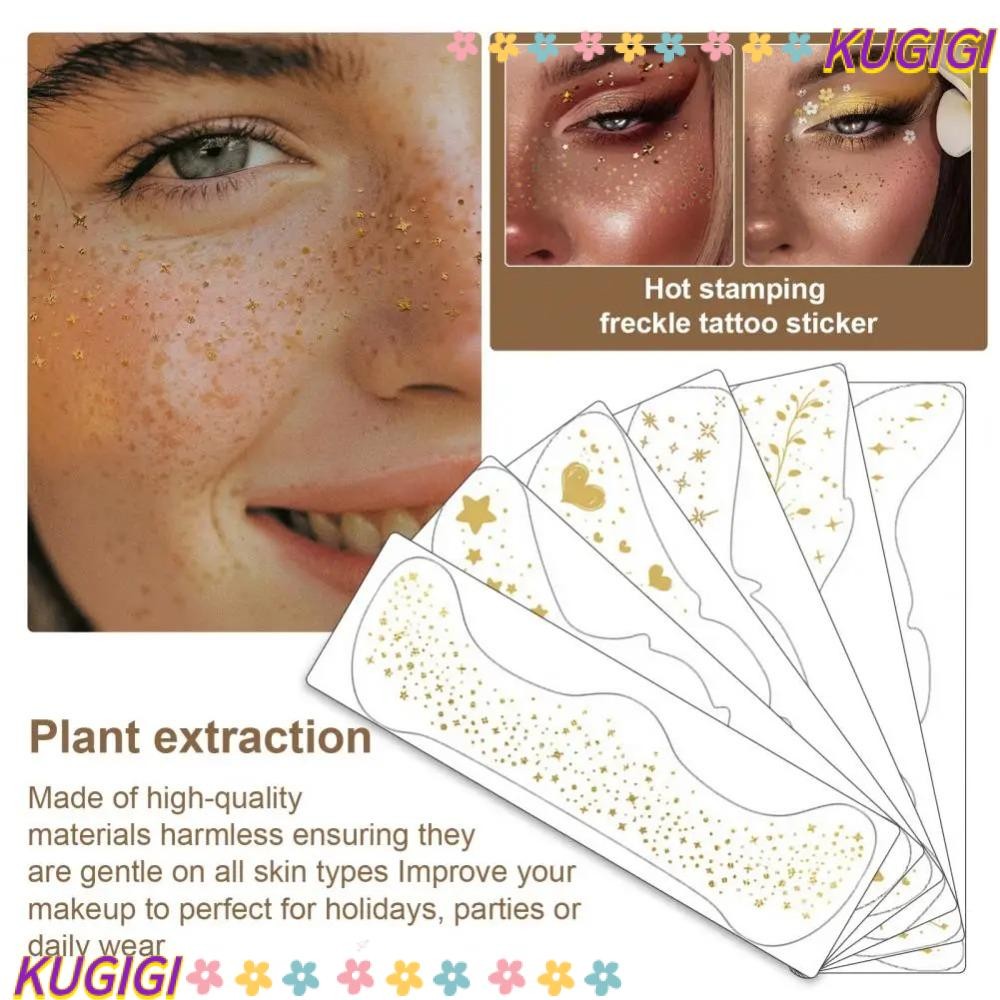 Kugigi 6PCS กระแต่งหน้าสติกเกอร์,ปั๊มทองเงินGlitter Freckle Tattooสติกเกอร์,กันน้ําผู้หญิงParty Patch Artยาวนานประดิษฐ์ Freckle