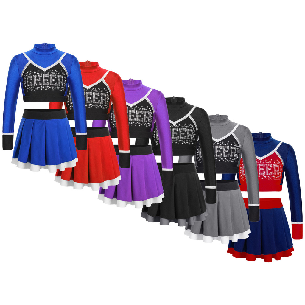 Yruioon เด็กสาวเชียร์ลีดเดอร์ชุดเต้นรําระยิบระยับ Rhinestone รูปแบบตัวอักษร Contrast สี Patchwork แขนยาว Crop Top สองชั้นกระโปรงจีบ