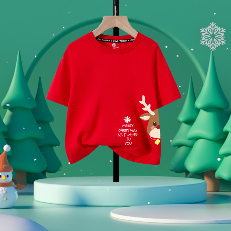 เสื้อยืดแขนสั้นสีแดงสําหรับเด็กคริสต์มาส Merry Christmas Theme ชุด Unisex สําหรับสนุก