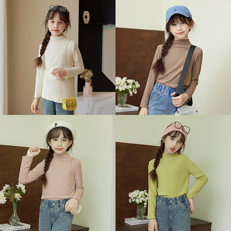 เด็กกึ่งคอเต่า จุดต่ําสุด เสื้อฤดูใบไม้ร่วงและฤดูหนาวหญิงสีทึบอเนกประสงค์ด้านบนขนาดกลางและเด็กโตแขนยาวเสื้อผ้าที่อบอุ่น