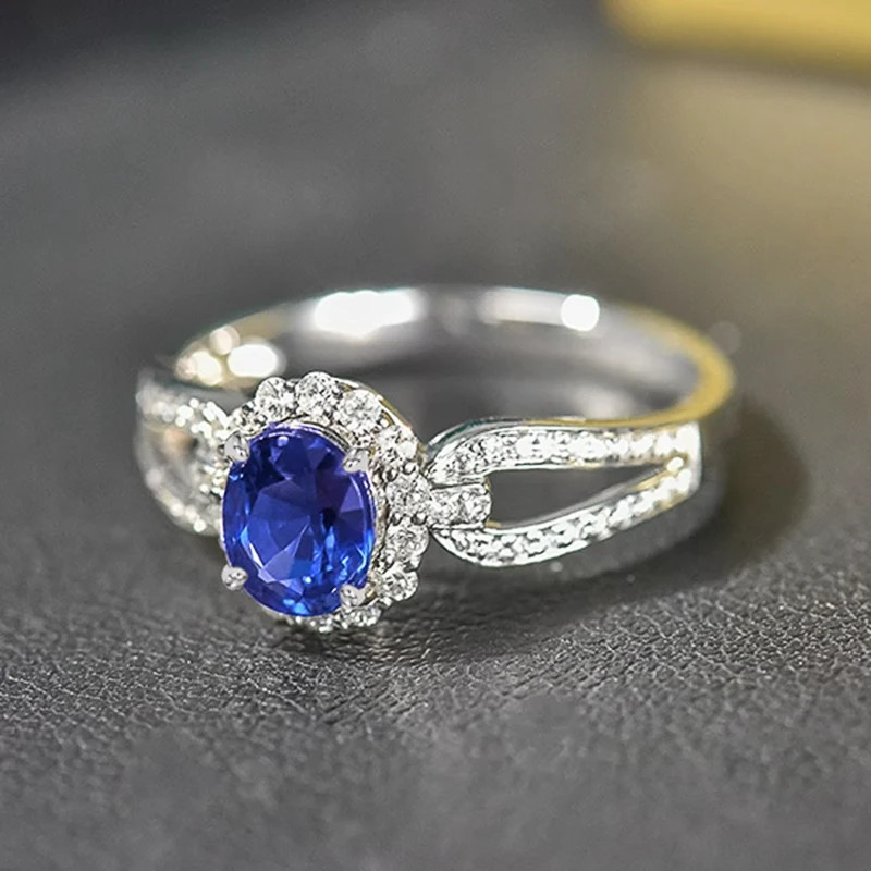แฟชั่น 925 เงินสเตอร์ลิงอินเทรนด์เจ้าสาวแหวนแต่งงาน Blue Cubic Zirconia อารมณ์ Elegant ผู้หญิงอุปกรณ์เสริมครบรอบเครื่องประดับใหม่