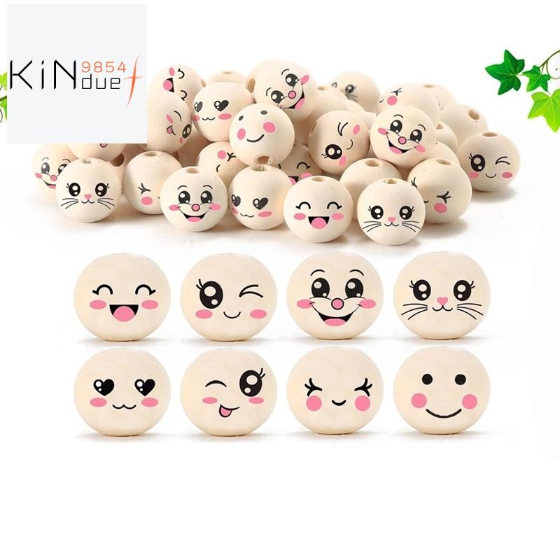 8รูปแบบลูกปัดไม้ที่มีใบหน้า20มิลลิเมตรยิ้มใบหน้าลูกปัดไม้ลูกปัดไม้ลูกปัดไม้ธรรมชาติรอบที่มีรูแพ็ค80