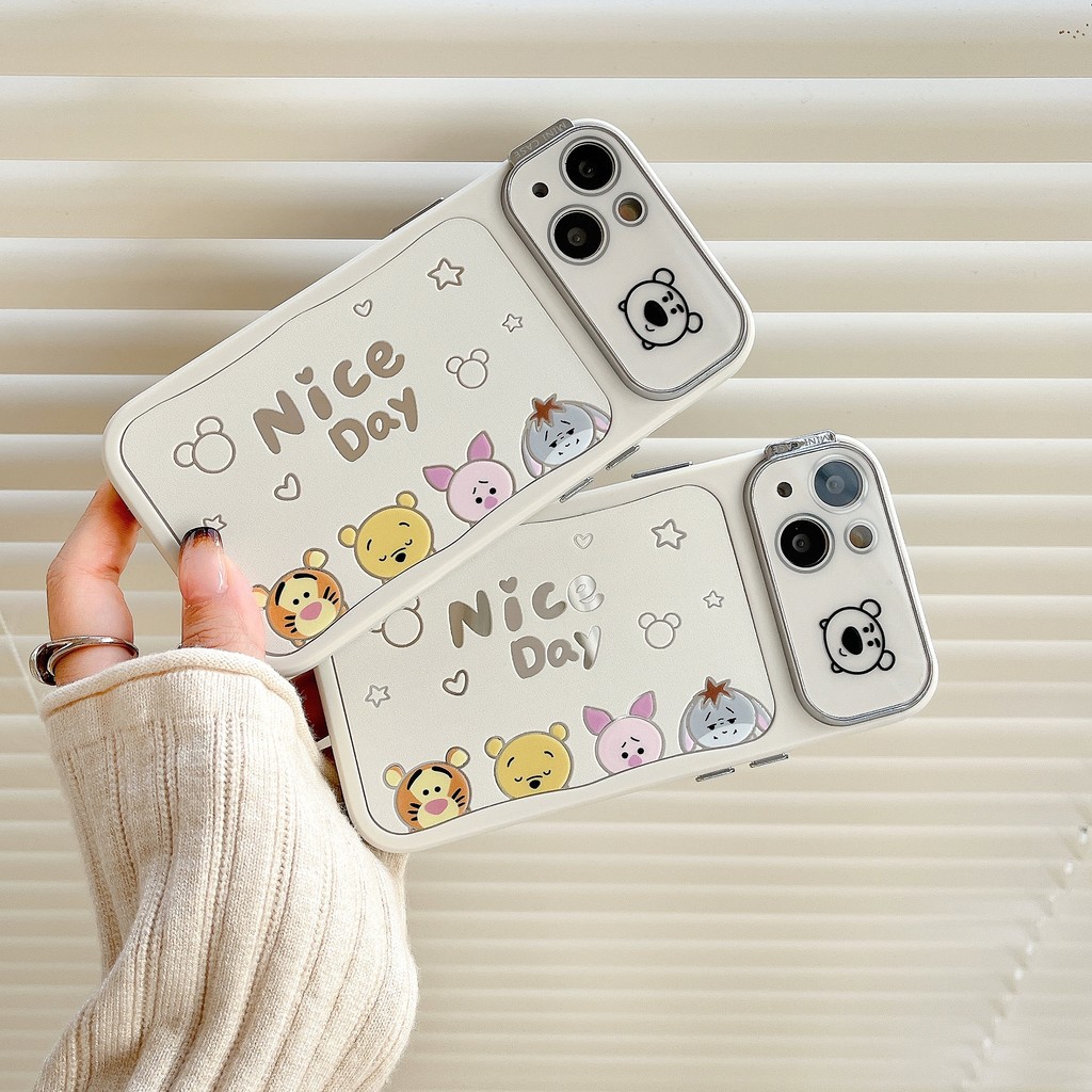 วันที่ดี Winnie the Pooh Piglet Electroplated เลนส์ฟิล์มกระจกกันกระแทกเคสโทรศัพท์สําหรับ IPhone 13 14 15 16 Pro Max ปกหลัง