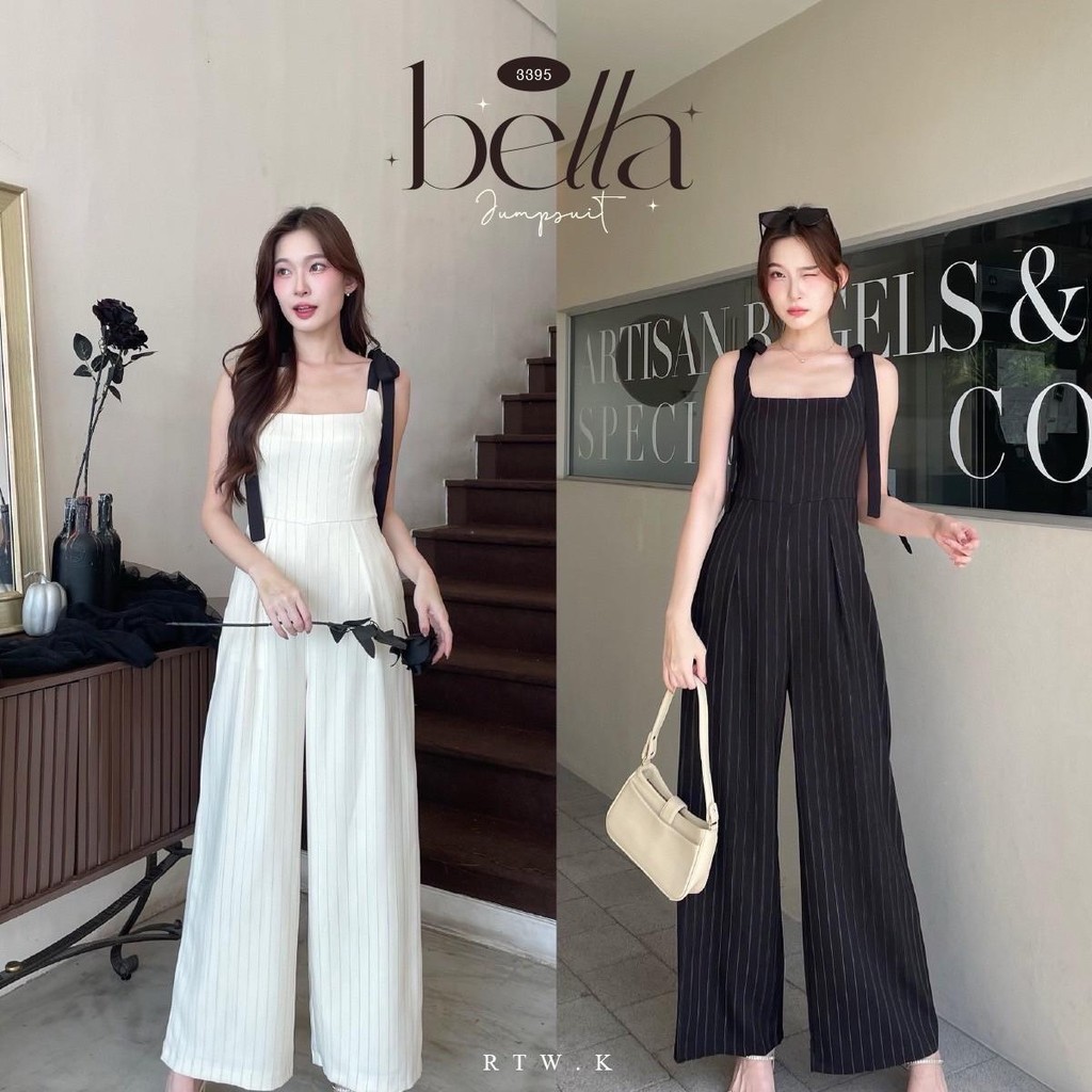 🎀'Bella Jumpsuit'- จั๊มสูทกางเกงขายาวไหล่ผูกโบว์ ขายาวลายทางเล็ก มีซิปหลัง สายปรับผูกเองได้ RTW