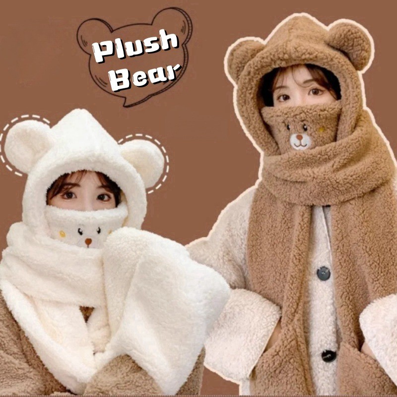 หมวกหูหมีน่ารัก-การ์ตูน, กันลม - 3 ใน 1หมวกผ้าพันคอถุงมือ-ตุ๊กตาป้องกันหูหมวก-สําหรับฤดูหนาวกลางแจ้งให้อบอุ่นอุป