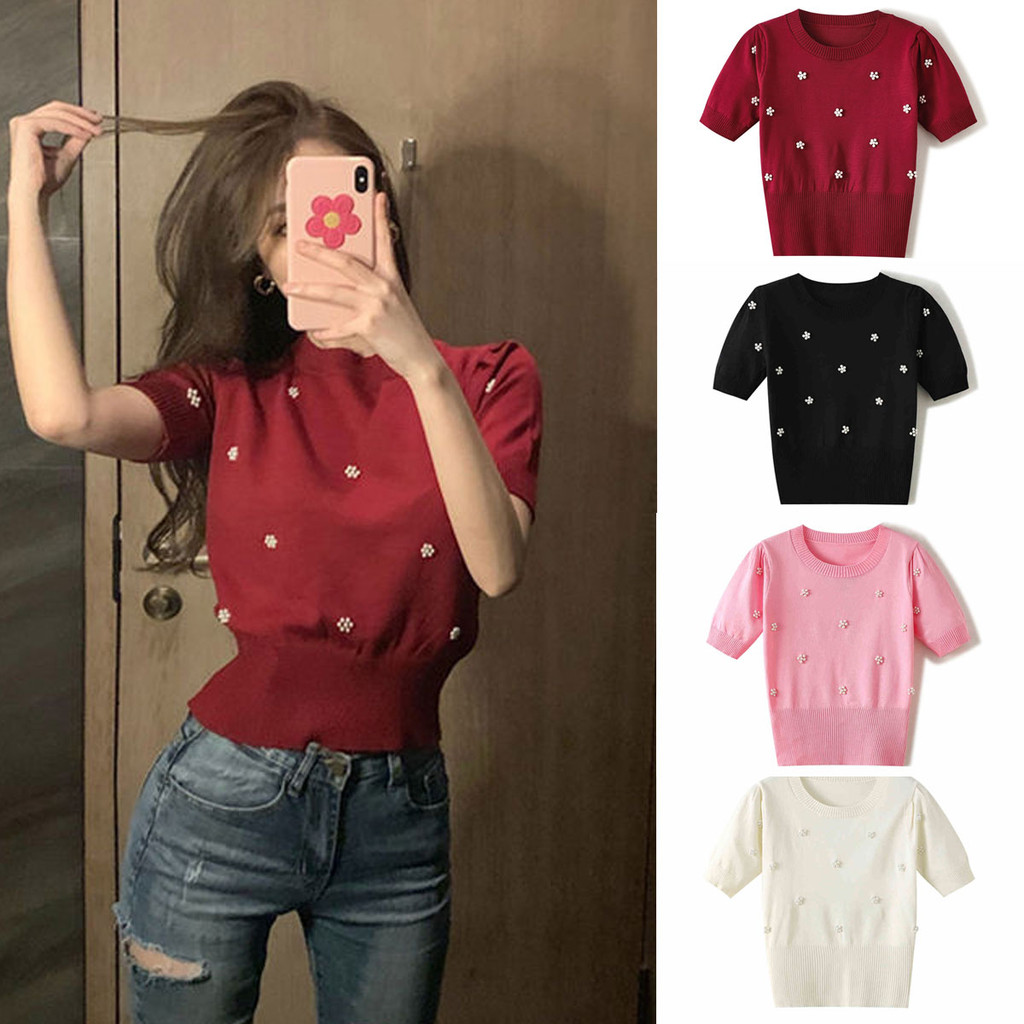 Dahong สินค้าใหม่ เสื้อครอปผู้หญิง ผ้าไหมพรมบาง แต่งลูกปัดข้างหน้า สวยหรูมาก 9378*