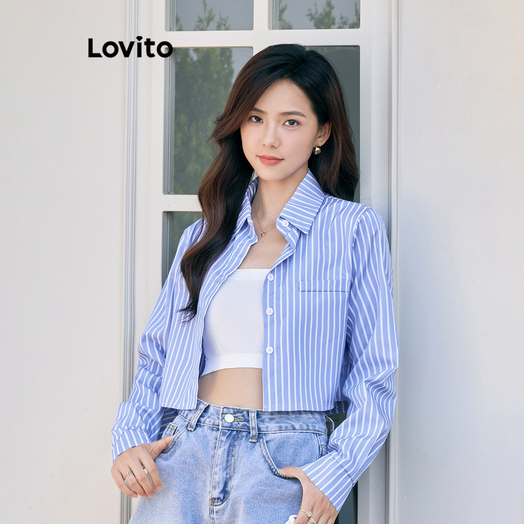 Lovito เสื้อเบลาส์กระดุมลายทางลำลองสำหรับผู้หญิง L95ED928