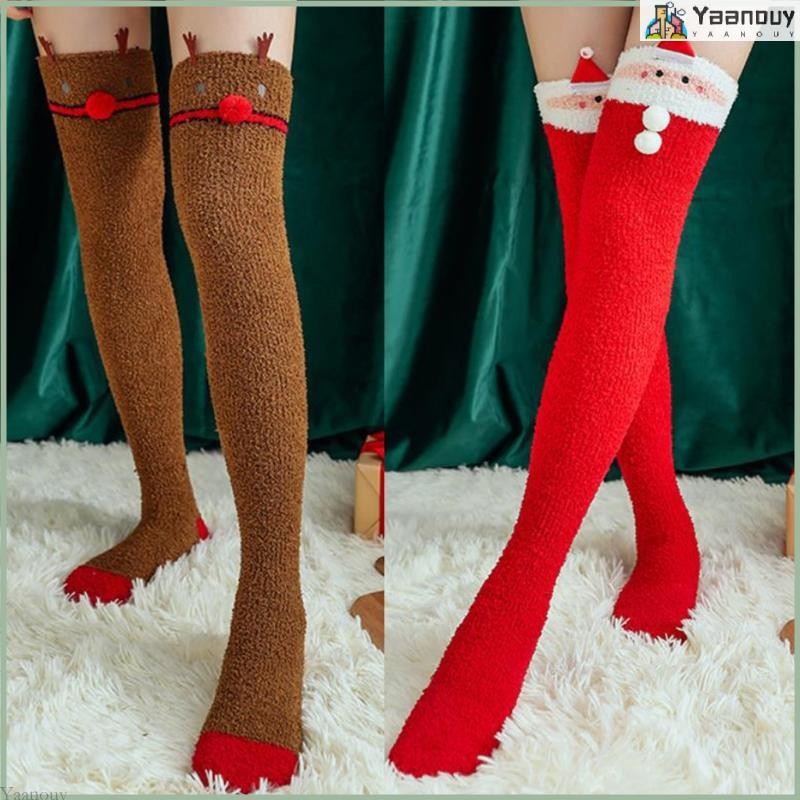 Yaa ผู้หญิงคริสต์มาสกํามะหยี่ต้นขาถุงน่อง Santa Elk Fuzzy นอนเหนือเข่าถุงเท้า