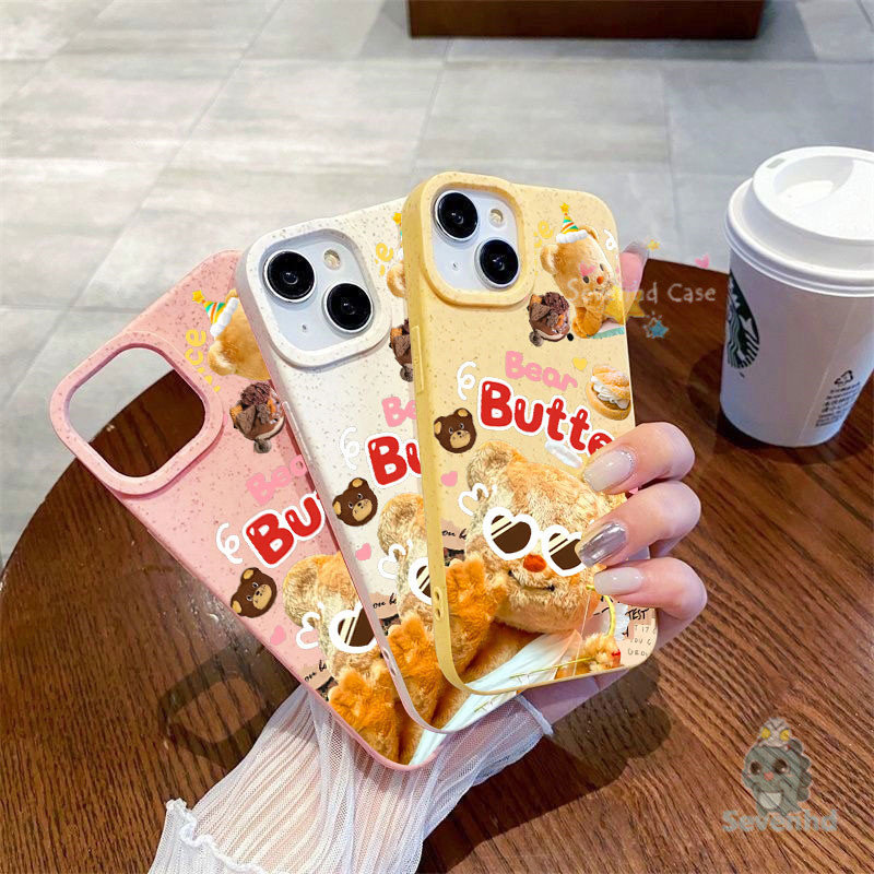 ข้าวสาลีฟางรูปแบบเคสโทรศัพท์สําหรับiphone 11 15 14 13 12 Pro Max X XR Xs Max 8 7 6 6s Plus SE 2020 แฟชั่นน่ารักเนยหมีปลอกกันกระแทกป้องกันปกอ่อน