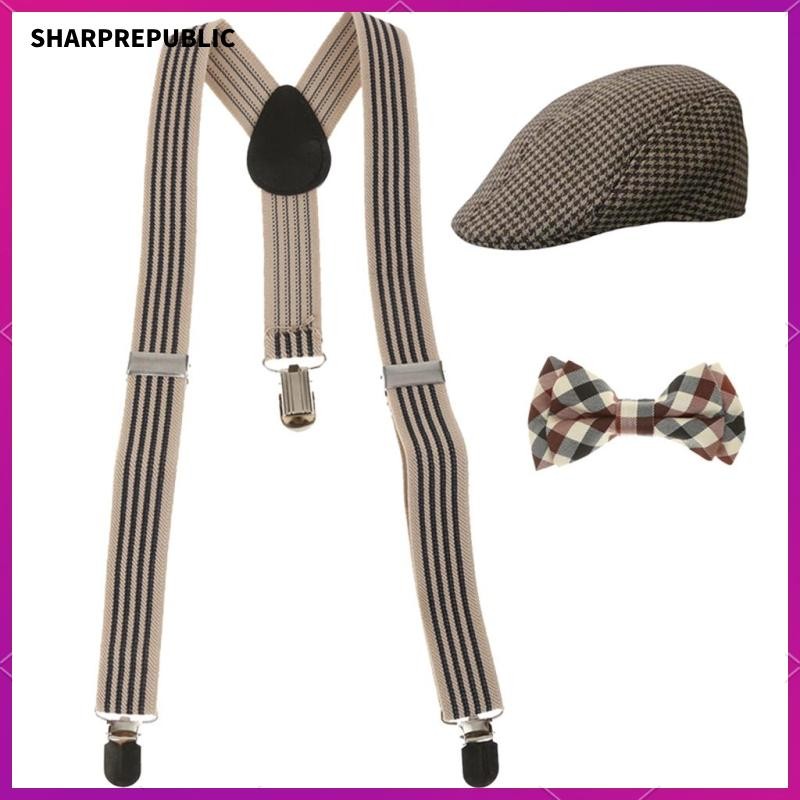 [Sharprepublic] Boys Stretchble Y-back Suspender Bowtie + หมวกแบนชุดหมวกหลากสี